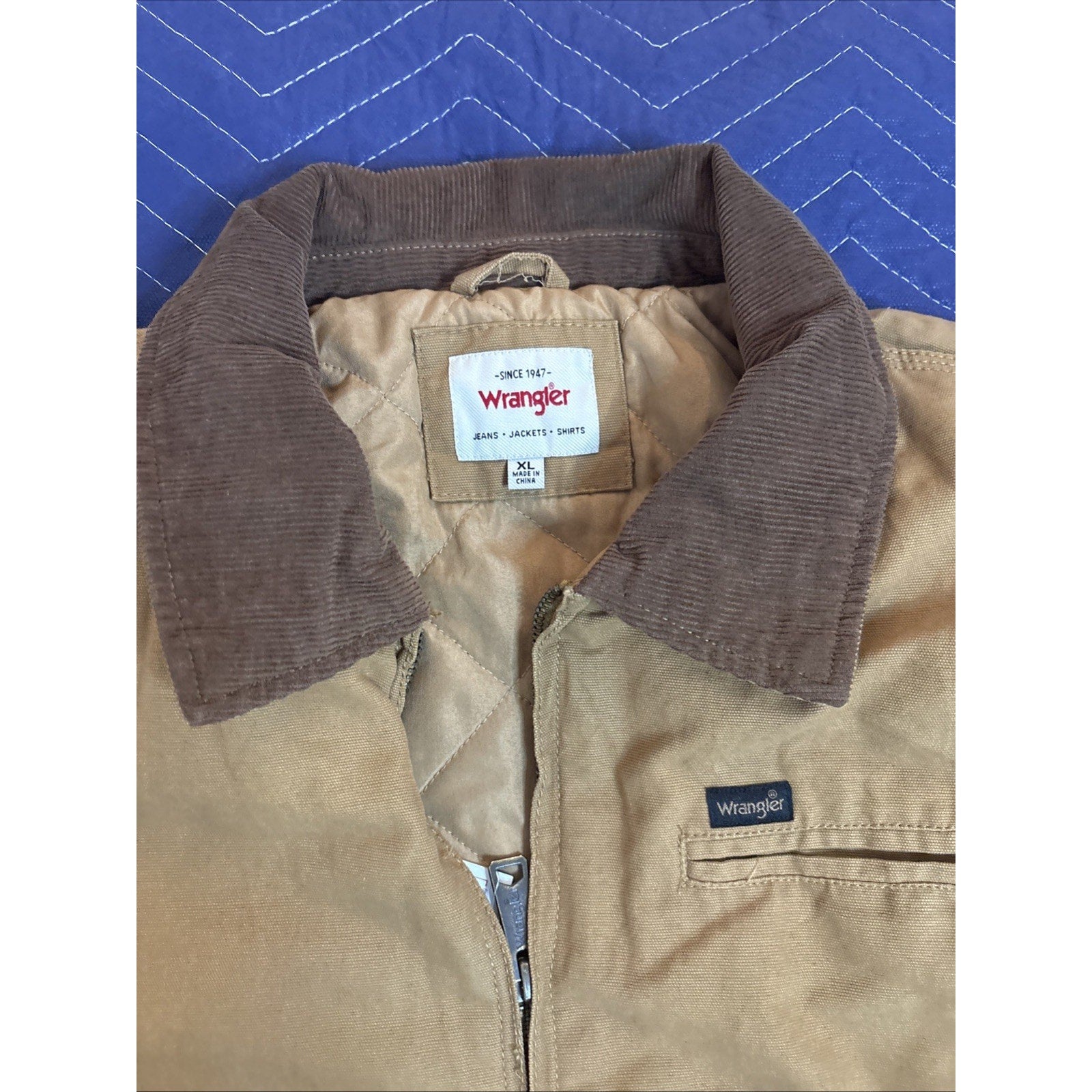 Wrangler Men’s Canvas Work Jacket Quilted Lining Corduroy Collar Brown Size XL