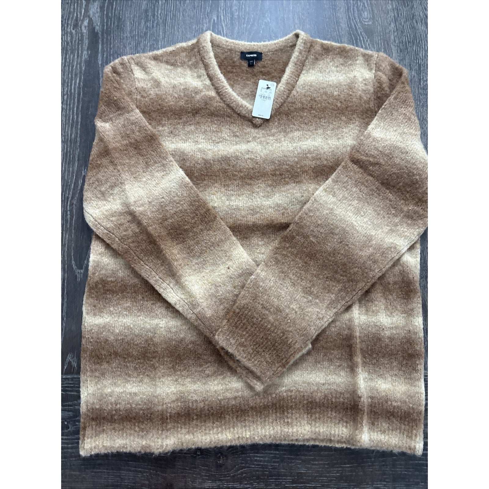 Express Men's V-Neck Sweater Size Large Brown Striped Knit Pullover Soft
