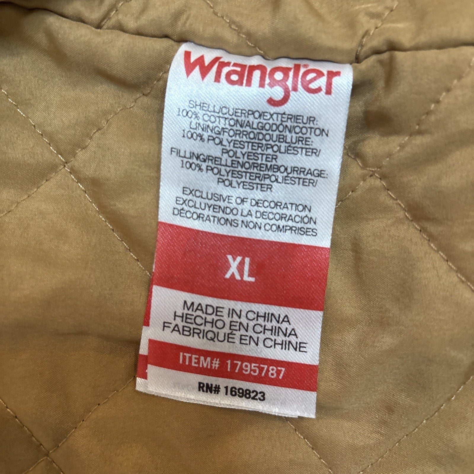 Wrangler Men’s Canvas Work Jacket Quilted Lining Corduroy Collar Brown Size XL