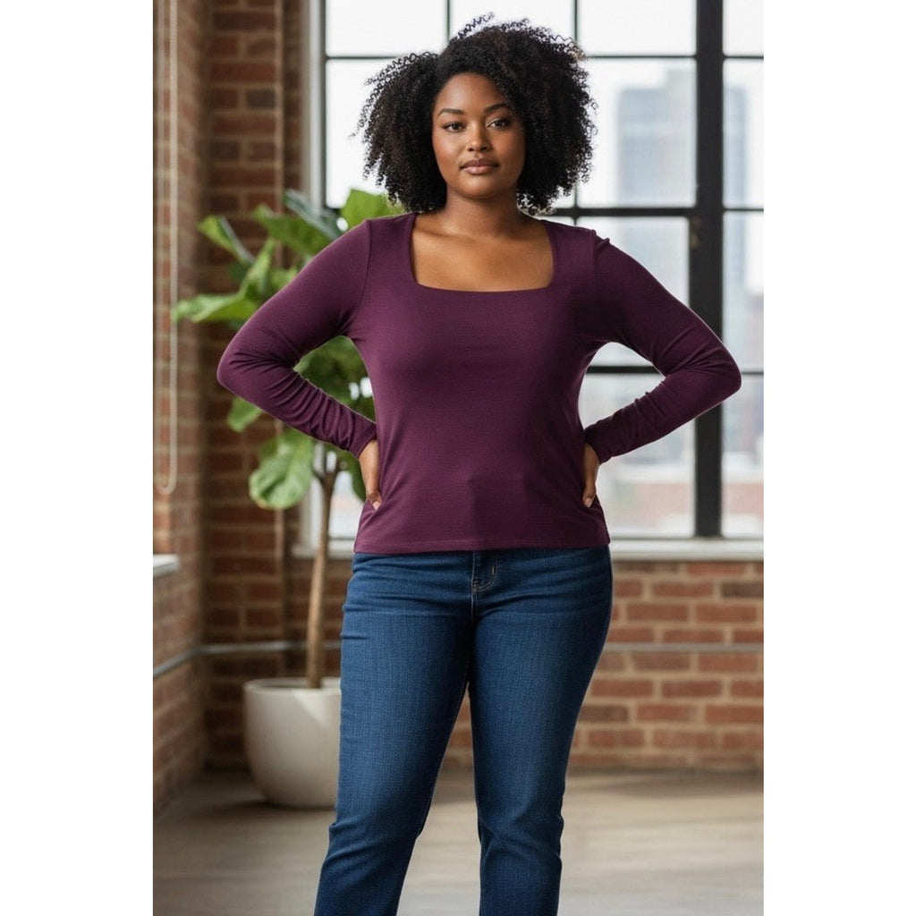 Express Women Square Neck, Long Sleeve Burgundy Top