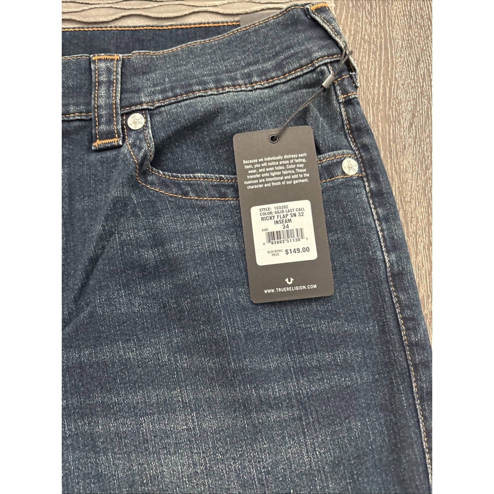 True Religion Men’s Dark Blue Ricky Flap SN Straight 34x32 (New)
