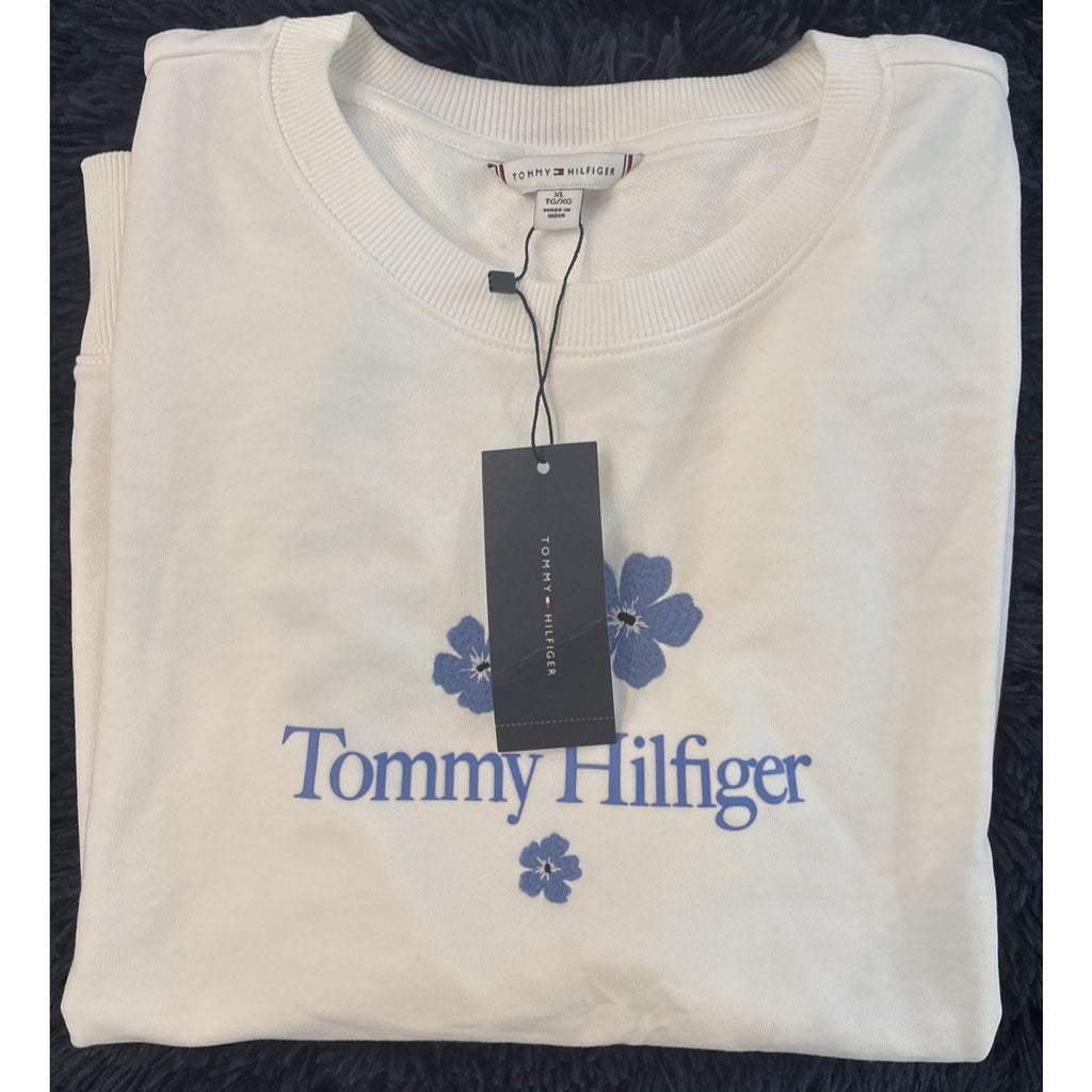 Tommy Hilfiger Women’s Crewneck Sweatshirt XL White Floral Logo NWT