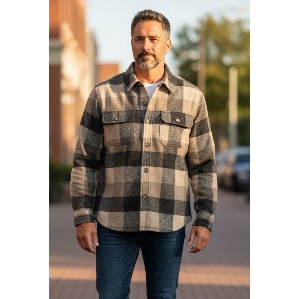 Banana Republic Wool Blend Flannel Plaid Button-Up Shirt Beige Black L
