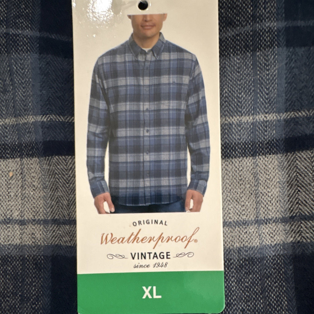 Weatherproof Vintage Cotton Plaid Button-Up Shirt Blue Gray XL
