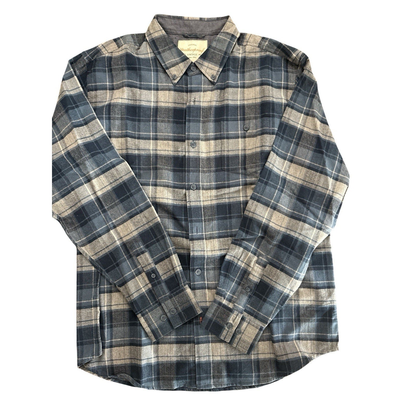 Weatherproof Vintage Cotton Plaid Button-Up Shirt Blue Gray XL