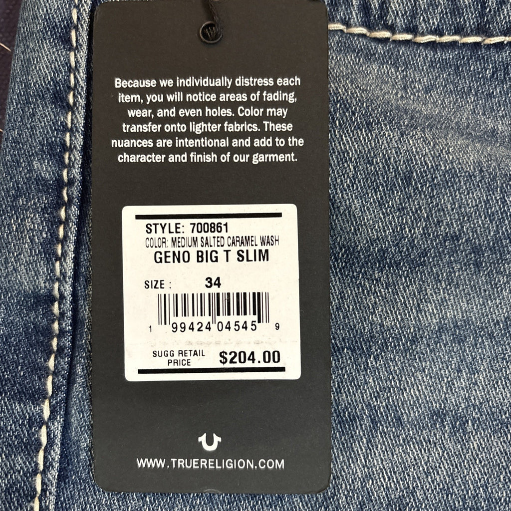 True Religion Men's Geno Big T Slim Fit Straight Blue Jeans Size 34x32 (NEW)
