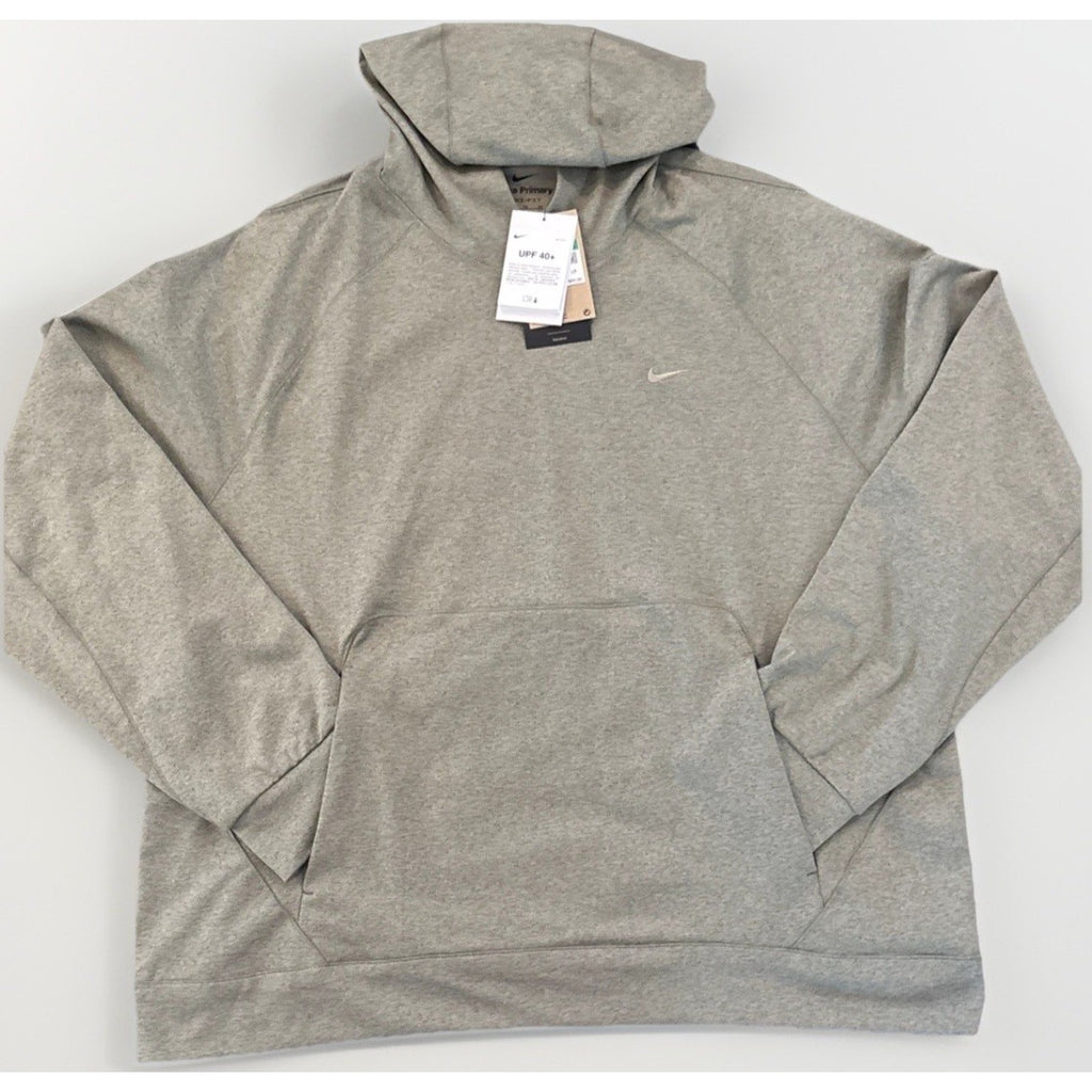 A heather gray Nike pullover hoodie with a small embroidered swoosh on the left chest, laid flat on a light gray background with retail tags attached.