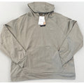 A heather gray Nike pullover hoodie with a small embroidered swoosh on the left chest, laid flat on a light gray background with retail tags attached.